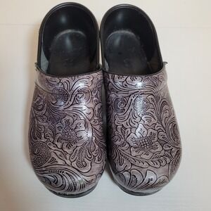 Dansko Floral Paisley Leather Clogs Gray Black Size 40 US 9.5 to 10 Womens 1191